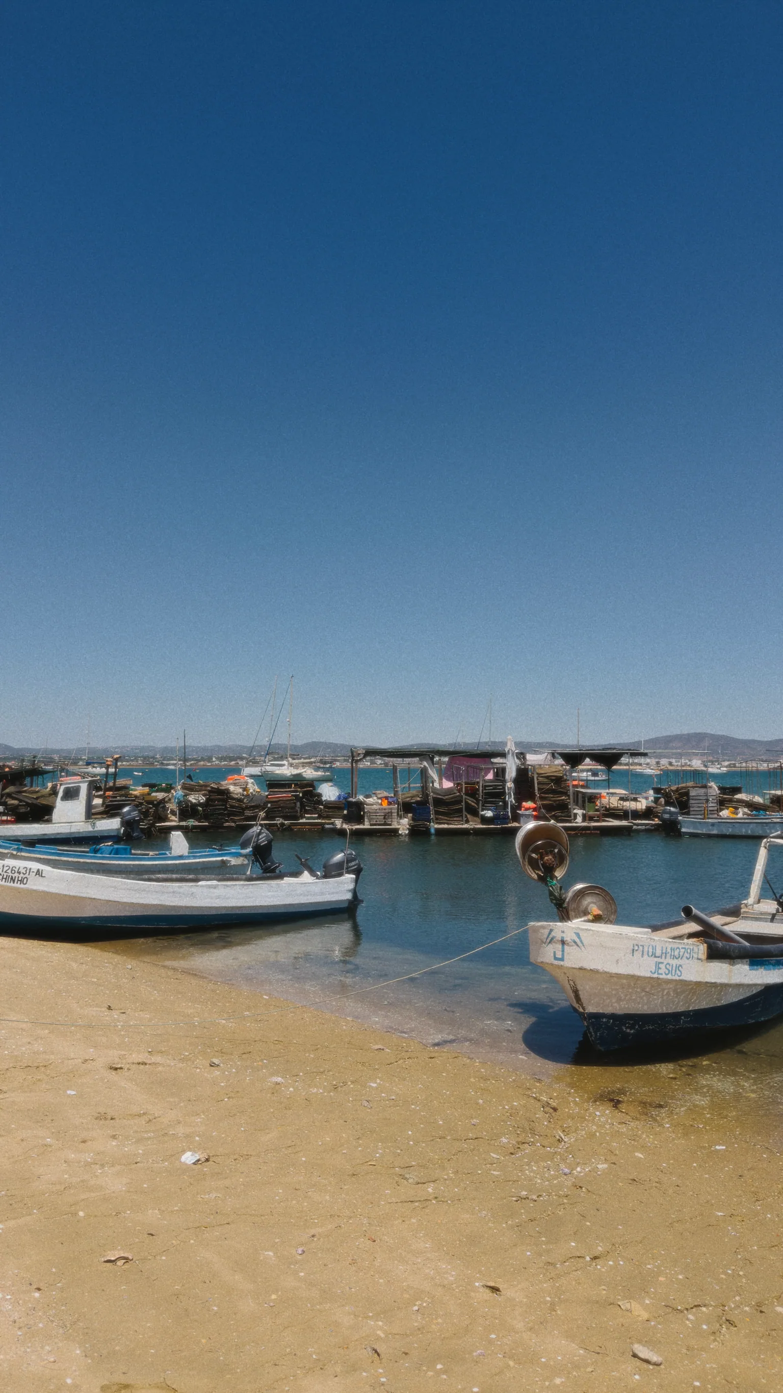 Small fishing boats resting in shallow harbour water at low tide, with working platforms behind them.